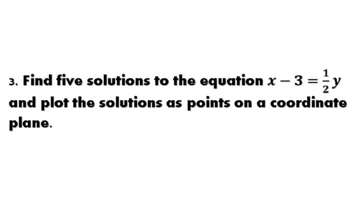 1
3. Find five solutions to the equation x -
and plot the solutions as points on a coordinate
plane.
y.
2
