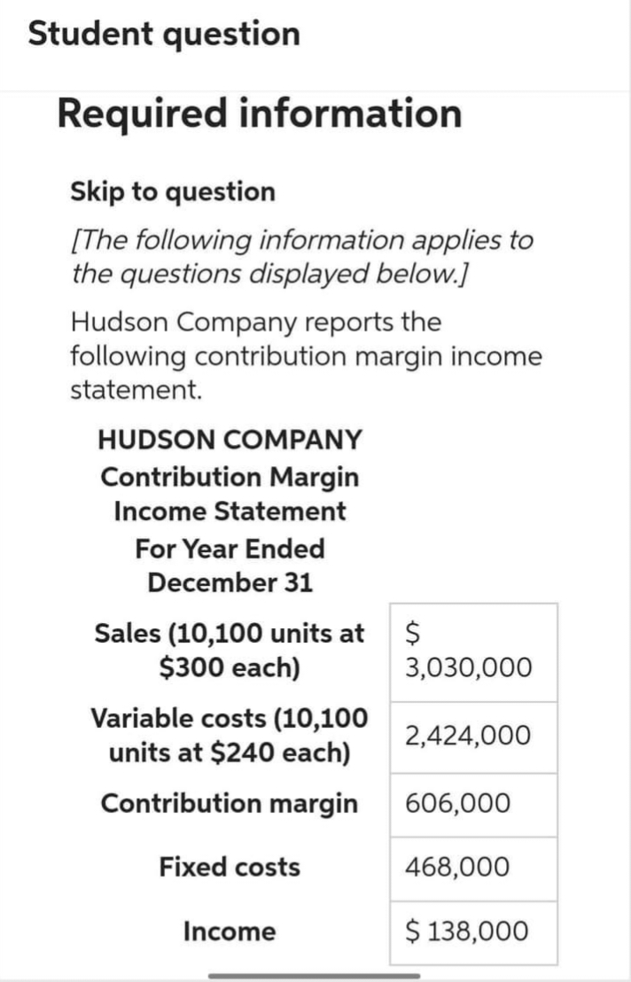 Student question
Required information
Skip to question
[The following information applies to
the questions displayed below.]
Hudson Company reports the
following contribution margin income
statement.
HUDSON COMPANY
Contribution Margin
Income Statement
For Year Ended
December 31
Sales (10,100 units at $
$300 each)
Variable costs (10,100
units at $240 each)
Contribution margin
Fixed costs
Income
3,030,000
2,424,000
606,000
468,000
$ 138,000