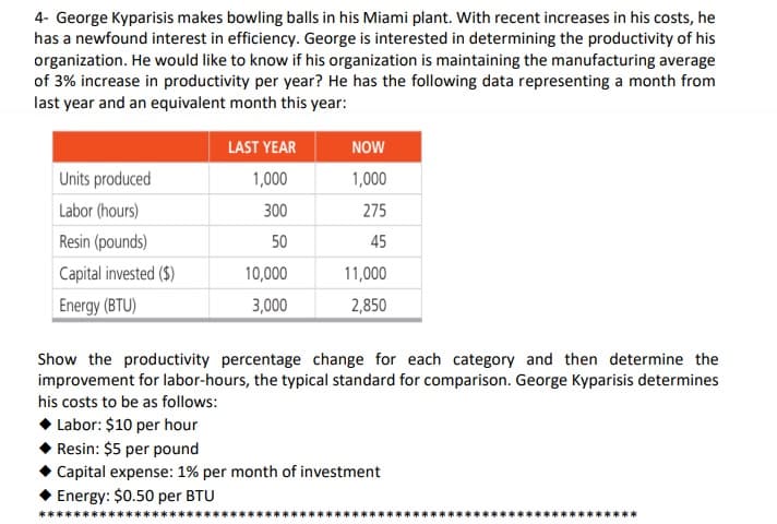 4- George Kyparisis makes bowling balls in his Miami plant. With recent increases in his costs, he
has a newfound interest in efficiency. George is interested in determining the productivity of his
organization. He would like to know if his organization is maintaining the manufacturing average
of 3% increase in productivity per year? He has the following data representing a month from
last year and an equivalent month this year:
LAST YEAR
NOW
Units produced
1,000
1,000
Labor (hours)
300
275
Resin (pounds)
50
45
Capital invested ($)
10,000
11,000
Energy (BTU)
3,000
2,850
Show the productivity percentage change for each category and then determine the
improvement for labor-hours, the typical standard for comparison. George Kyparisis determines
his costs to be as follows:
Labor: $10 per hour
Resin: $5 per pound
Capital expense: 1% per month of investment
Energy: $0.50 per BTU

