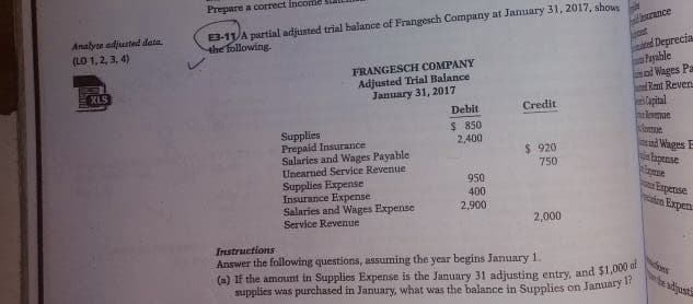 Analyse adjusted data.
(LO 1, 2, 3, 4)
51
XLS
Prepare a correct income
E3-11 A partial adjusted trial balance of Frangesch Company at January 31, 2017, shows
the following.
p
FRANGESCH COMPANY
Adjusted Trial Balance
January 31, 2017
Debit
Credit
Supplies
$ 850
Prepaid Insurance
2,400
Salaries and Wages Payable
$ 920
Unearned Service Revenue
750
Supplies Expense
950
Insurance Expense
400
Salaries and Wages Expense
2,900
Service Revenue
2,000
Instructions
Answer the following questions, assuming the year begins January 1.
(a) If the amount in Supplies Expense is the January 31 adjusting entry, and $1,000 of
supplies was purchased in January, what was the balance in Supplies on January 1?
rance
ed Deprecia
Payable
od Wages Pa
Rent Reven
levenne
oue
and Wages E
Expense
me
Expense
on Expen
s
be adjusta