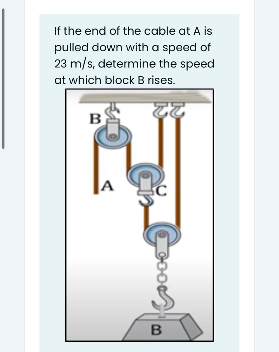 If the end of the cable at A is
pulled down with a speed of
23 m/s, determine the speed
at which block B rises.
22
B
