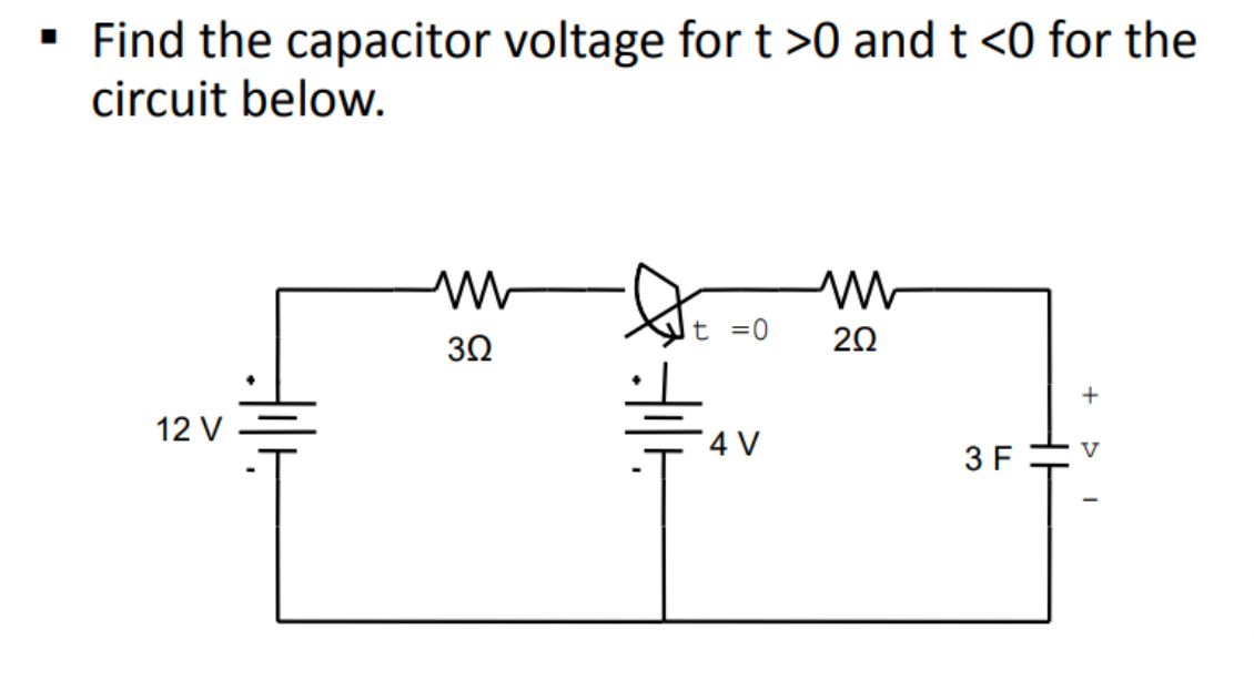 • Find the capacitor voltage for t >0 and t <0 for the
circuit below.
30
t =0
20
+
12 V
4 V
V
3 F
