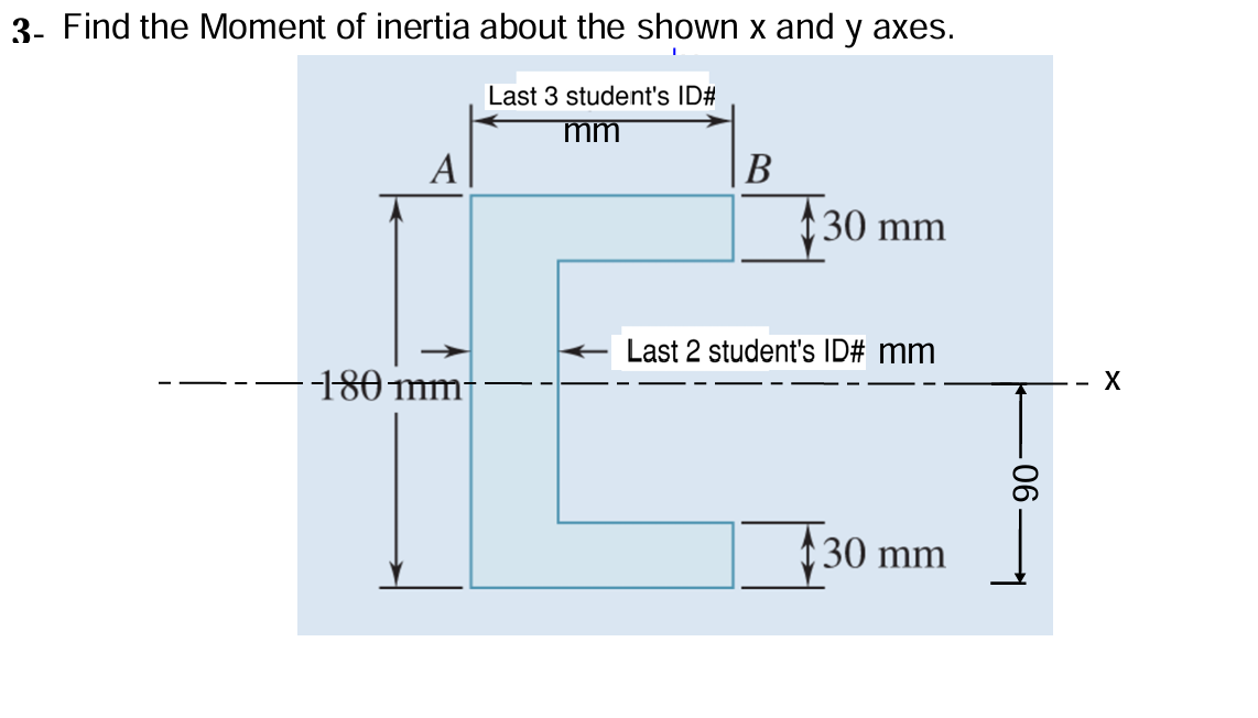 3- Find the Moment of inertia about the shown x and y axes.
A
Last 3 student's ID#
B
30 mm
Last 2 student's ID# mm
X
-180 mm
90
30 mm