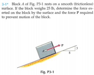 3-1 Block A of Fig. P3-1 rests on a smooth (frictionless)
surface. If the block weighs 25 lb, determine the force ex-
erted on the block by the surface and the force P required
to prevent motion of the block.
3.
40
8.
Fig. P3-1
