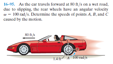 16-95. As the car travels forward at 80 ft/s on a wet road,
due to slipping, the rear wheels have an angular velocity
w = 100 rad/s. Determine the speeds of points A, B, and C
caused by the motion.
80 ft /s
в
1.4 ft
A 100 rad /s
