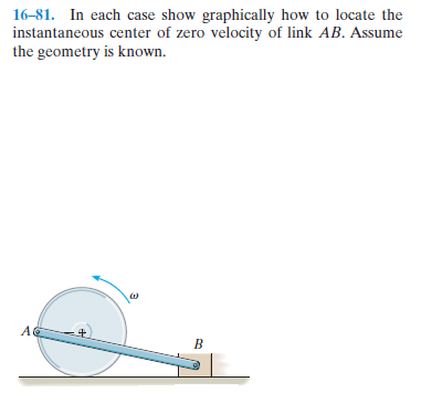 16–81. In each case show graphically how to locate the
instantaneous center of zero velocity of link AB. Assume
the geometry is known.
