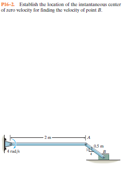 P16-2. Establish the location of the instantaneous center
of zero velocity for finding the velocity of point B.
-2 m
05 m
4 rad/s
