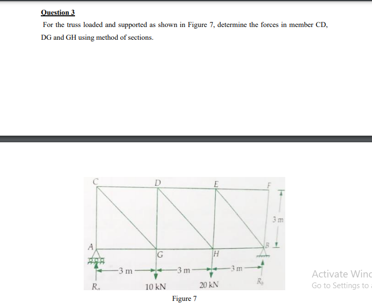 Question 3
For the truss loaded and supported as shown in Figure 7, determine the forces in member CD,
DG and GH using method of sections.
D
3 m
A
G
H
-3 m
-3 m-
-3 m
Activate Wind
R.
10 kN
20 kN
R
Go to Settings to
Figure 7
