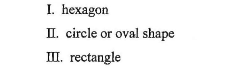 I. hexagon
II. circle or oval shape
II. rectangle
