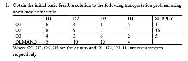 1. Obtain the initial basic feasible solution to the following transportation problem using
north west corner rule
D1
6
D2
D3
D4
SUPPLY
01
02
03
1
2
6
4
14
7
16
4
5
DEMAND
Where O1, 02, O3, 04 are the origins and D1, D2, D3, D4 are requirements
respectively
6
10
15
4
