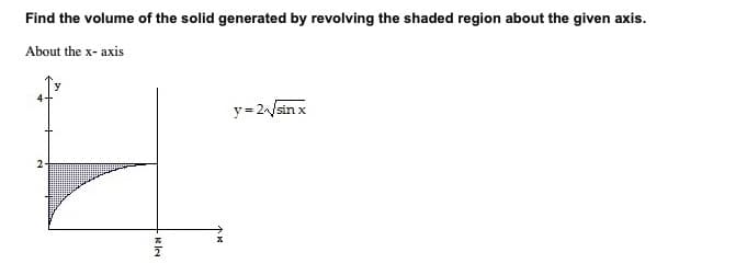 Find the volume of the solid generated by revolving the shaded region about the given axis.
About the x- axis
y= 2/sin x
2
e lea

