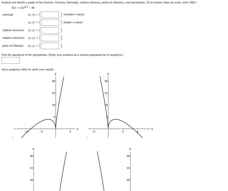 Analyze and sketch a graph of the function. Find any intercepts, relative extrema, points of inflection, and asymptotes. (If an answer does not exist, enter DNE.)
f(x) = 12x2/3 - 8x
intercept
(x, y) =
(smaller x-value)
(х, у) %3
(larger x-value)
relative minimum
(х, у) 3D
relative maximum (x, y) =
point of inflection
(х, у) -
Find the equations of the asymptotes. (Enter your answers as a comma-separated list of equations.)
Use a graphing utility to verify your results.
y
y
20
20
15
15
10
5
-2
-2
y
y
20
20
15
15
10
10
