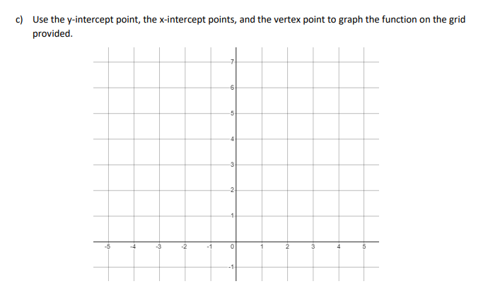 c) Use the y-intercept point, the x-intercept points, and the vertex point to graph the function on the grid
provided.
6
-5
3
2
-5
-4
-3
-2
-1
0
3
4