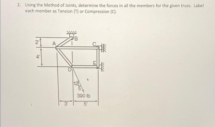 2. Using the Method of Joints, determine the forces in all the members for the given truss. Label
each member as Tension (T) or Compression (C).
21
A
12
390 lb
5"
