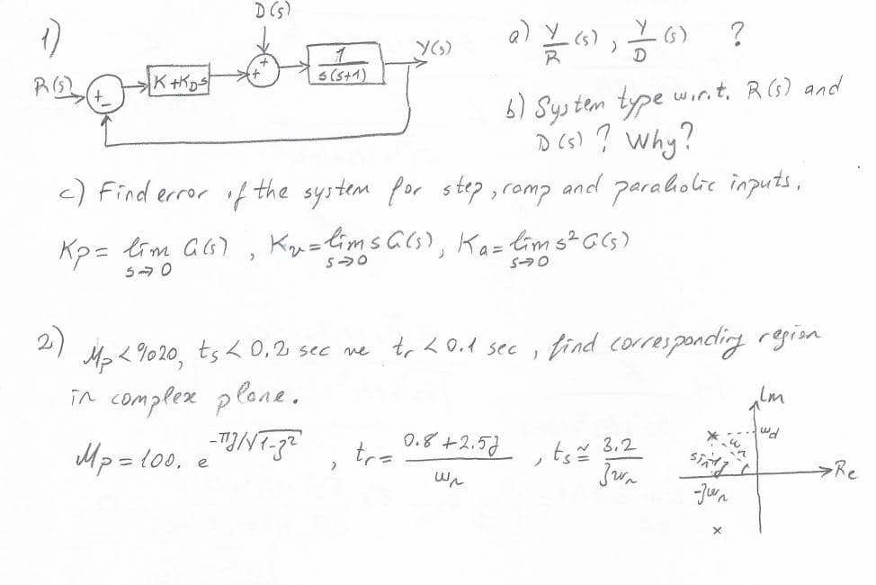 D (s)
a)
YS)
1
5(s+1)
6) Sys tem type wirit, R (s) and
D Cs) ? why?
<) Find error if the system Por step ,romp and paraholie inputs,
Ku=lims Gls), Kazlims?CCs)
Kp = lim G6)
Mp < %020, tsL O,2 sec me tr LO.d sec , tind correspondling region
in complex plane.
2)
Mp =l00.
0.8
tra
+2.5
,ts 3,2
e
>Re
