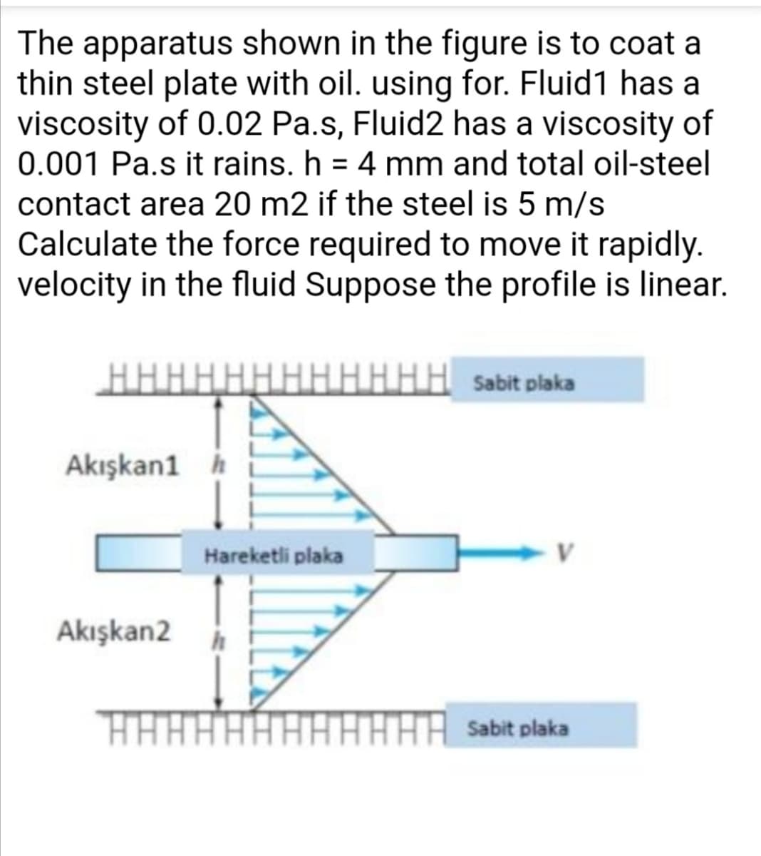 The apparatus shown in the figure is to coat a
thin steel plate with oil. using for. Fluid1 has a
viscosity of 0.02 Pa.s, Fluid2 has a viscosity of
0.001 Pa.s it rains. h = 4 mm and total oil-steel
contact area 20 m2 if the steel is 5 m/s
Calculate the force required to move it rapidly.
velocity in the fluid Suppose the profile is linear.
HAAAAAAAAHHH
TH Sabit plaka
Akışkan1 h
Hareketli plaka
Akışkan2
HAAH.
HAHAA sabit plaka
