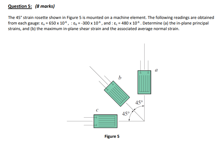 Question 5: (8 marks)
The 45° strain rosette shown in Figure 5 is mounted on a machine element. The following readings are obtained
from each gauge: Ea = 650 x 106, : b = -300 x 106, and : &c = 480 x 10°. Determine (a) the in-plane principal
strains, and (b) the maximum in-plane shear strain and the associated average normal strain.
a
Figure 5
45°
45°
