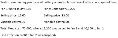 Yashito was leading producer of battery operated fans where it offers two types of fans
Fan 1: units sold=4,150
Fan2: units sold=10,200
Selling price=15.00
Selling price=13.00
Variable cost=9.00
Variable cost-8.00
Total fixed cost=72,000, where 15,200 was traced to fan 1 and 40,100 to fan 2.
Find effect on profit if fan 2 was dropped?