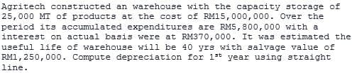 Agritech constructed an warehouse with the capacity storage of
25,000 MT of products at the cost of RM15,000,000. Over the
period its accumulated expenditures are RM5, 800,000 with a
interest on actual basis were at RM370,000. It was estimated the
useful life of warehouse will be 40 yrs with salvage value of
RM1,250,000. Compute depreciation for 1st year using straight
line.