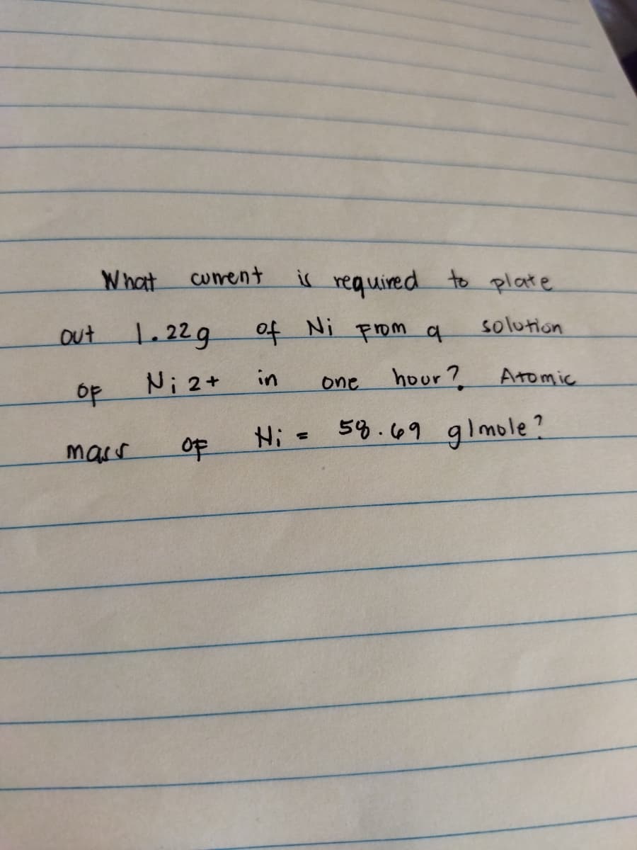 What
curent
i required to plate
out
1.22g
of
Ni
From a
solution
Ni 2+
hour?
Atomic
in
one
of
Hi -
58.69 glmole ?
%3D
marr
年

