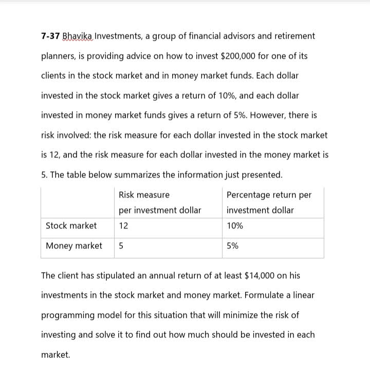 7-37 Bbavika Investments, a group of financial advisors and retirement
planners, is providing advice on how to invest $200,000 for one of its
clients in the stock market and in money market funds. Each dollar
invested in the stock market gives a return of 10%, and each dollar
invested in money market funds gives a return of 5%. However, there is
risk involved: the risk measure for each dollar invested in the stock market
is 12, and the risk measure for each dollar invested in the money market is
5. The table below summarizes the information just presented.
Risk measure
Percentage return per
per investment dollar
investment dollar
Stock market
12
10%
Money market
5%
The client has stipulated an annual return of at least $14,000 on his
investments in the stock market and money market. Formulate a linear
programming model for this situation that will minimize the risk of
investing and solve it to find out how much should be invested in each
market.
