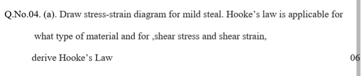 Q.No.04. (a). Draw stress-strain diagram for mild steal. Hooke's law is applicable for
what type of material and for ,shear stress and shear strain,
derive Hooke's Law
06
