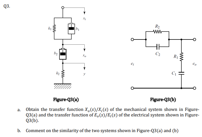 Q3.
R2
ww
ki
C2
b2
R1
Xo
ei
k2
Figure-Q3(b)
Figure-Q3(a)
a. Obtain the transfer function X,(s)/X;(s) of the mechanical system shown in Figure-
Q3(a) and the transfer function of E,(s)/E;(s) of the electrical system shown in Figure-
Q3(b).
b. Comment on the similarity of the two systems shown in Figure-Q3(a) and (b)
ww-
