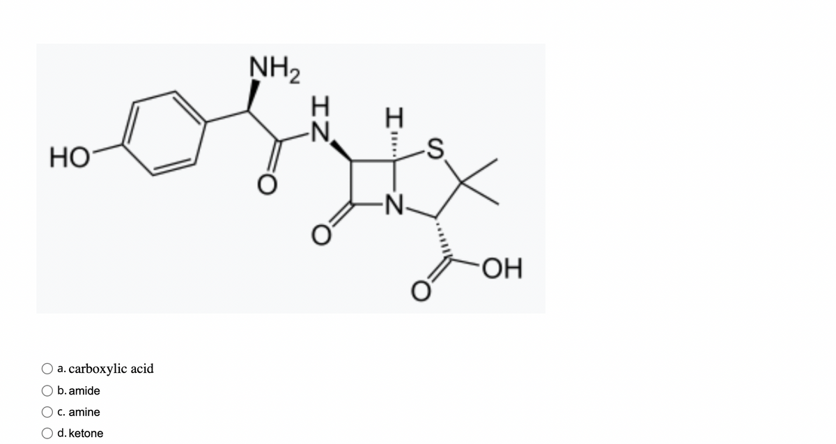 HO
a. carboxylic acid
b. amide
c. amine
d. ketone
NH₂
IZ
S
OH
