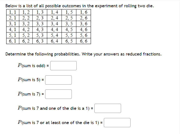 Below is a list of all possible outcomes in the experiment of rolling two die.
1, 4 1,5 1,6
2, 4
3, 4
4, 4
5, 4
6, 4
1, 1 1, 2
2, 2
3, 2
1, 3
2, 3
2, 6
3, 5
2, 5
| 3, 1
4, 1
3, 6
4, 6
5, 6
3,3
4, 2
4, 5
4, 3
5, 3
6, 3
5, 5
5, 2
6, 1 6, 2
5, 1
6, 5
6, 6
Determine the following probabilities. Write your answers as reduced fractions.
P(sum is odd) =
P(sum is 5) =
P(sum is 7) =
P(sum is 7 and one of the die is a 1) =
P(sum is 7 or at least one of the die is 1) =
N345
123
123 +5
