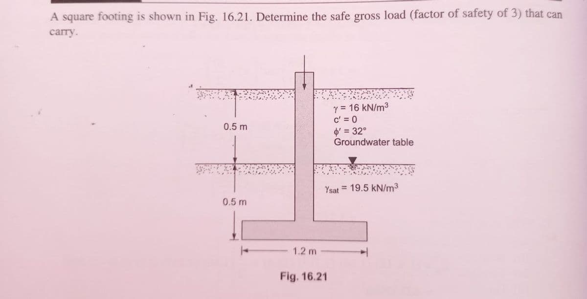 A square footing is shown in Fig. 16.21. Determine the safe gross load (factor of safety of 3) that can
carry.
0.5 m
0.5 m
1.2 m
Y = 16 kN/m³
c' = 0
Fig. 16.21
o'= 32°
Groundwater table
Ysat 19.5 kN/m³