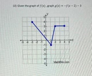 10) Given the graph of f(x), graph g(x) = -f(x-2)-3
$4
432-1
32
73375
-2
2 3
MathBits.com