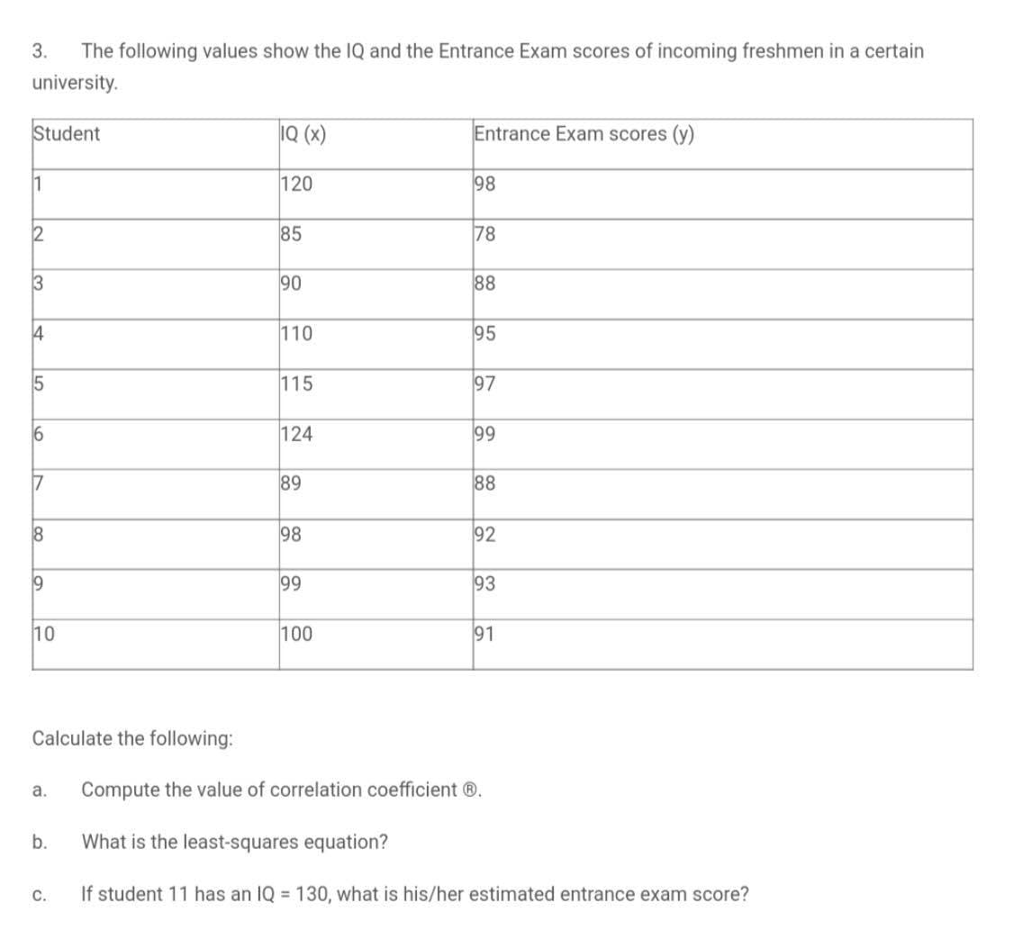 3.
The following values show the IQ and the Entrance Exam scores of incoming freshmen in a certain
university.
Student
IQ (x)
Entrance Exam scores (y)
11
120
98
85
78
90
88
110
95
115
97
124
99
89
88
98
92
99
93
10
100
91
Calculate the following:
a.
Compute the value of correlation coefficient Ⓡ.
b.
What is the least-squares equation?
C.
If student 11 has an IQ = 130, what is his/her estimated entrance exam score?
2
3
4
5
6
7
8
19