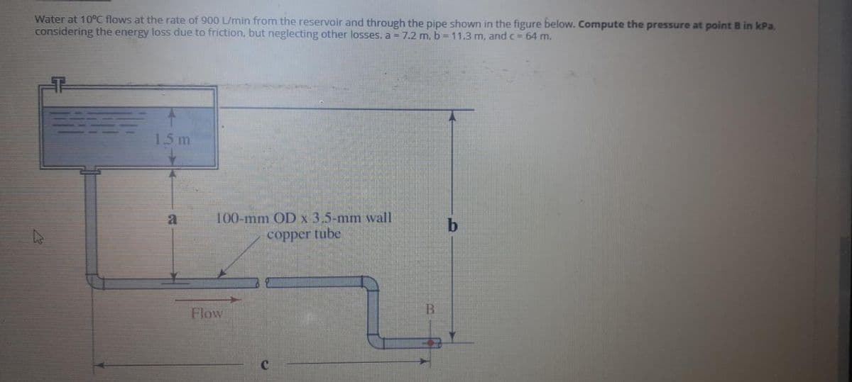 Water at 10°C flows at the rate of 900 L/min from the reservoir and through the pipe shown in the figure below. Compute the pressure at point B in kPa,
considering the energy loss due to friction, but neglecting other losses. a = 7.2 m, b = 11.3 m, and c= 64 m.
1.5 m
100-mm OD x 3.5-mm wall
copper tube
Flow
B
