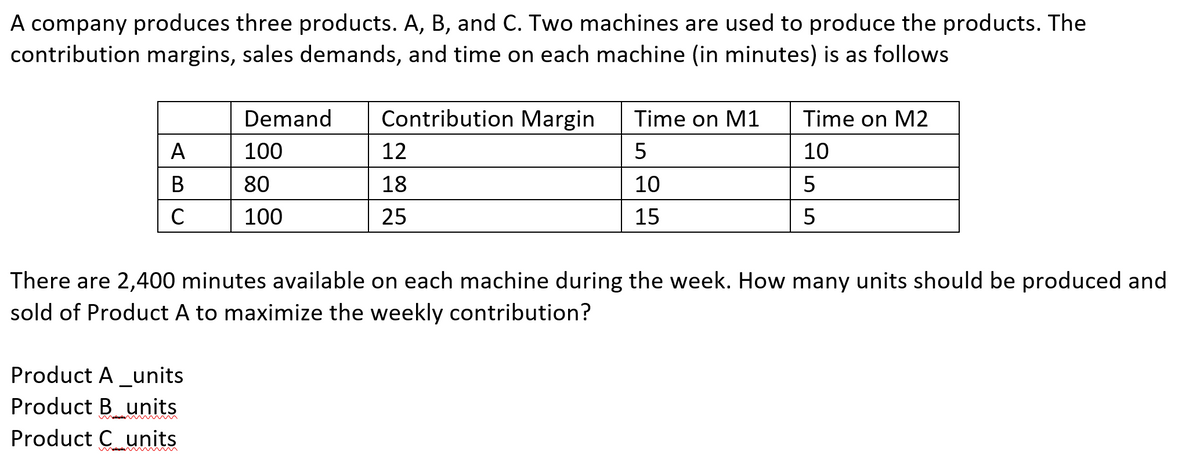 A company produces three products. A, B, and C. Two machines are used to produce the products. The
contribution margins, sales demands, and time on each machine (in minutes) is as follows
Demand
Contribution Margin
Time on M1
Time on M2
A
100
12
10
В
80
18
10
100
25
15
There are 2,400 minutes available on each machine during the week. How many units should be produced and
sold of Product A to maximize the weekly contribution?
Product A _units
Product B_units
Product C units
n
