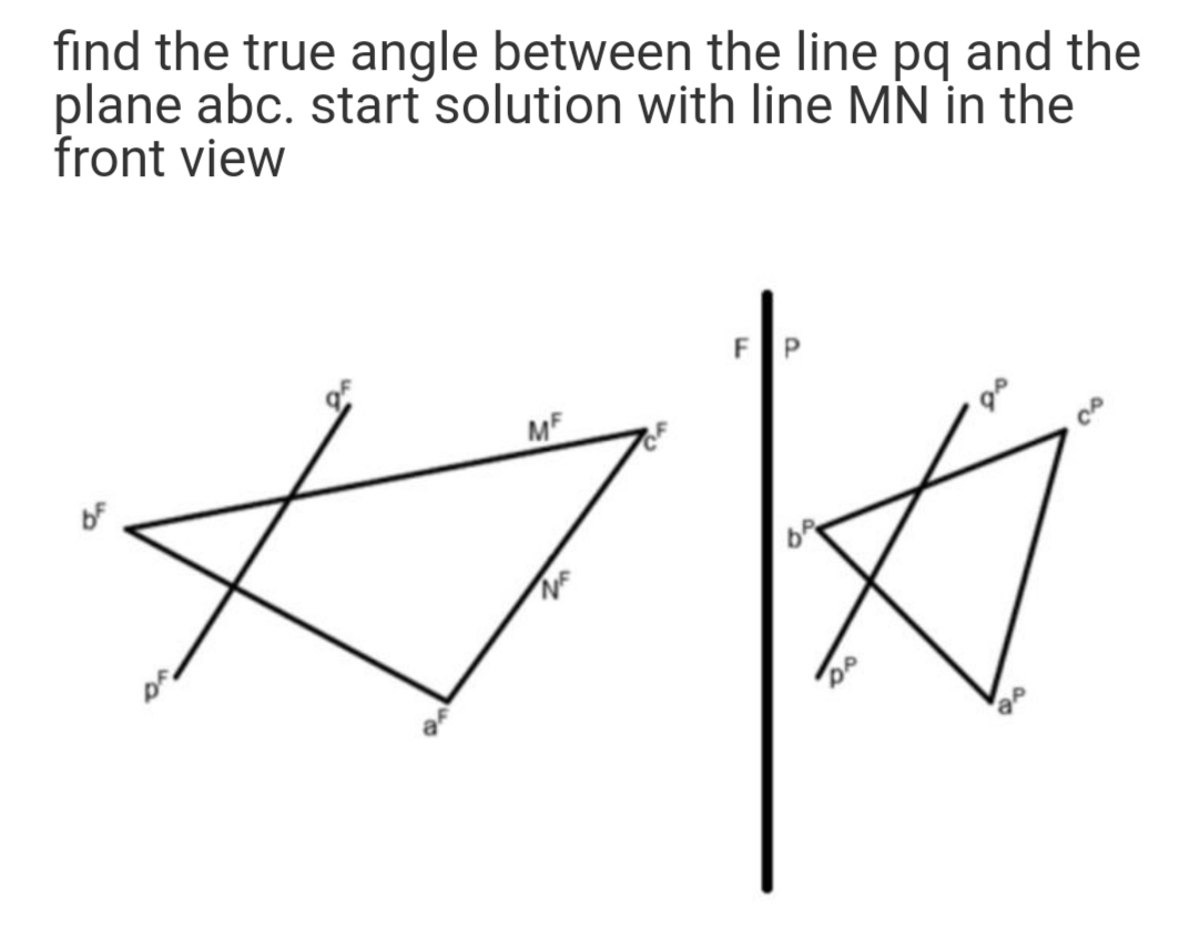 find the true angle between the line pq and the
plane abc. start solution with line MN in the
front view
FP
MF
bf

