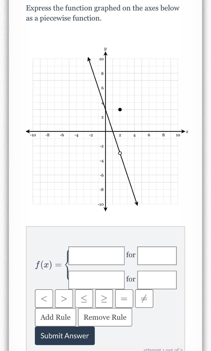 Express the function graphed on the axes below
as a piecewise function.
10
8
6.
-10
-8
-9-
-4
4
8
10
-2
-4
-6
-8
-10
for
f (x) :
for
Add Rule
Remove Rule
Submit Answer
attemnt i out of ?
||
VI
