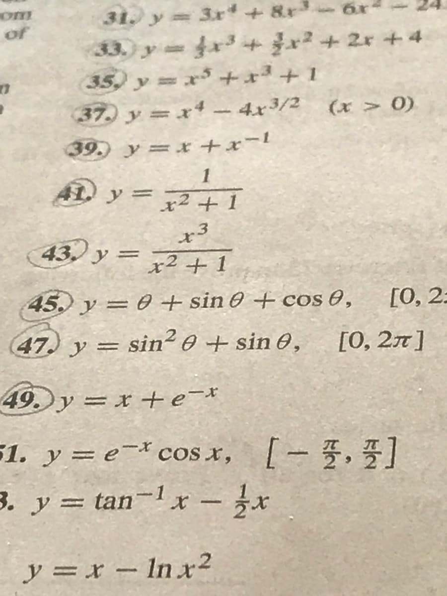 om
of
7
31. y
(35) y = x³ + x³ +1
37. y = x4 - 4x3/2
39.) y = x +x=-1
AD y =
= x³ + x² + 2x +4
43, y =
1
x² +1
.3
+3
x² + 1
45. y = 0 + sin 0 + cos 0,
47) y = sin²0 + sin 0,
(x > 0)
49. y=x+e-x
51. y = e-* cos x,
3. y = tan-¹ x - x
y = x - ln x²
[0, 2:
[0, 2]
[-]