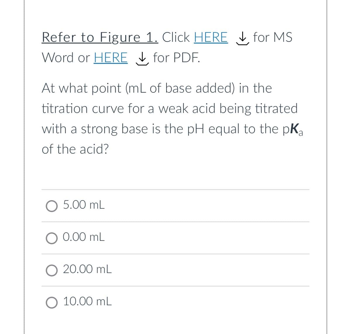 Refer to Figure 1. Click HERE for MS
Word or HERE for PDF.
At what point (mL of base added) in the
titration curve for a weak acid being titrated
with a strong base is the pH equal to the pKa
of the acid?
O 5.00 mL
O 0.00 mL
O 20.00 mL
O 10.00 mL
