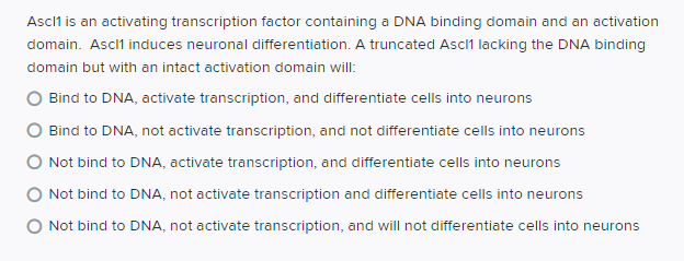 Ascil is an activating transcription factor containing a DNA binding domain and an activation
domain. Ascl1 induces neuronal differentiation. A truncated Ascl1 lacking the DNA binding
domain but with an intact activation domain will:
O Bind to DNA, activate transcription, and differentiate cells into neurons
O Bind to DNA, not activate transcription, and not differentiate cells into neurons
O Not bind to DNA, activate transcription, and differentiate cells into neurons
Not bind to DNA, not activate transcription and differentiate cells into neurons
O Not bind to DNA, not activate transcription, and will not differentiate cells into neurons
