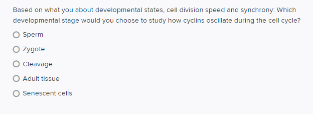 Based on what you about developmental states, cell division speed and synchrony: Which
developmental stage would you choose to study how cyclins oscillate during the cell cycle?
Sperm
O zygote
Cleavage
Adult tissue
Senescent cells
