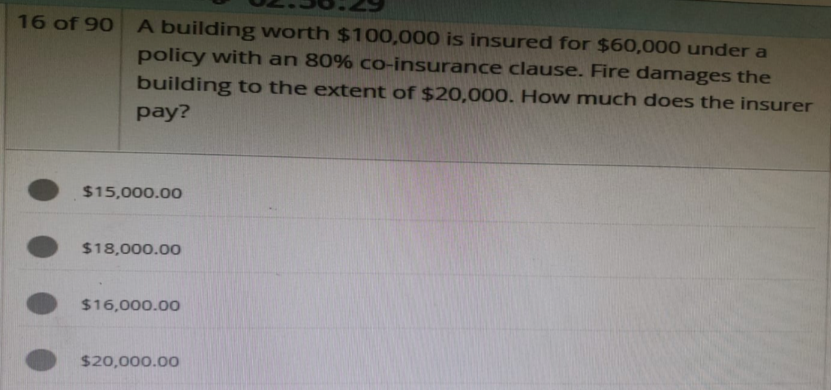 16 of 90 A building worth $100,000 is insured for $60,000 under a
policy with an 80% co-insurance clause. Fire damages the
building to the extent of $20,000. How much does the insurer
pay?
$15,000.00
$18,000.00
$16,000.00
$20,000.00