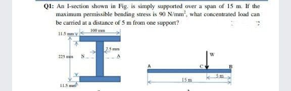 QI: An I-section shown in Fig. is simply supported over a span of 15 m. If the
maximum permissible bending stress is 90 N/mm, what concentrated load can
be carried at a distance of 5 m from one support?
11.5 mm v
100 mm
7.5 mm
225 n
15 m
11.5 mu
