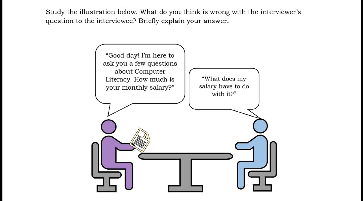 Study the illustration below. What do you think is wrong with the interviewer's
question to the interviewee? Briefly explain your answer.
"Good day! I'm here to
ask you a few questions
about Computer
Literacy. How much is
your monthly salary?"
"What does my
salary have to do
with it?"
