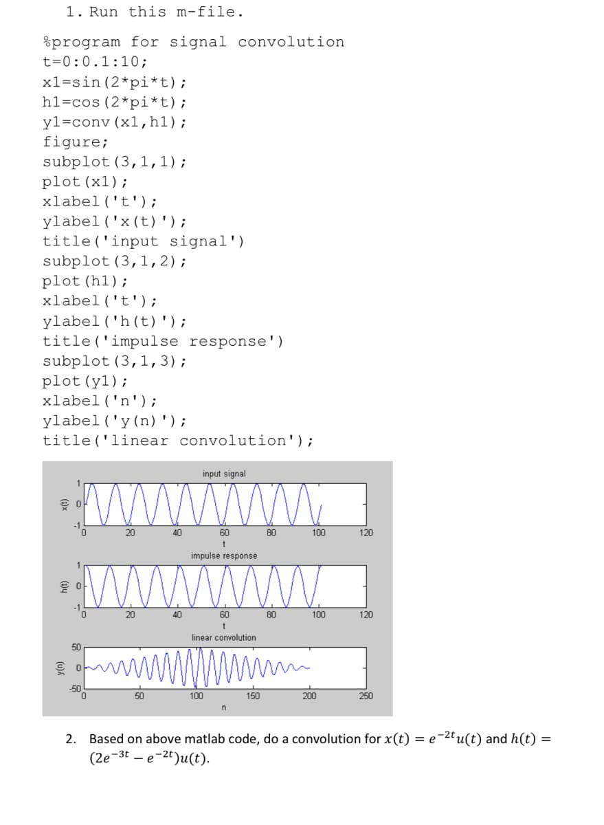 1. Run this m-file.
%program for signal convolution
t=0:0.1:10;
x1=sin (2*pi*t);
h1=cos (2*pi*t);
yl=conv (x1,h1);
figure;
subplot (3,1,1);
plot (x1);
xlabel ('t');
ylabel ('x(t)');
title ('input signal')
subplot (3,1,2);
plot (h1);
xlabel('t');
ylabel ('h (t)');
title('impulse response')
subplot (3,1,3);
plot (y1);
xlabel('n');
ylabel ('y(n)');
title ('linear convolution');
input signal
www
20
40
60
80
100
120
t
impulse response
www
wwwwwm
1
0.
20
40
60
80
100
120
t
linear convolution
50
-50
50
100
150
200
250
Based on above matlab code, do a convolution for x(t) = e-2tu(t) and h(t) =
(2е-3t — е-2)и(t).
2.
