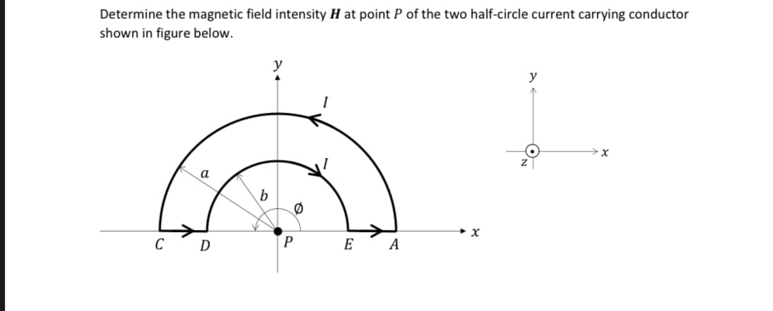 Determine the magnetic field intensity H at point P of the two half-circle current carrying conductor
shown in figure below.
у
a
C D
E
A
