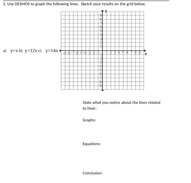 2. Use DESMOS to graph the following lines. Sketch your results on the grid below.
-8.
-7
-6-
51
-3
2
-1-
a) y=x b) y=12x c) y=14x
-9 -8
-6
8 9
-2
-3
-4
-5
-6
-7
-8
State what you notice about the lines related
to their:
Graphs:
Equations:
Conclusion:
