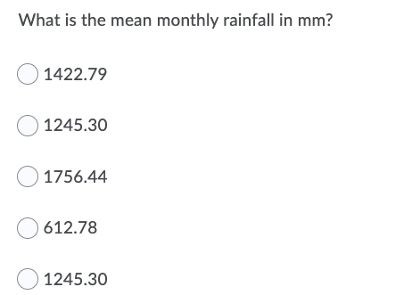 What is the mean monthly rainfall in mm?
O 1422.79
O 1245.30
O 1756.44
O 612.78
O 1245.30
