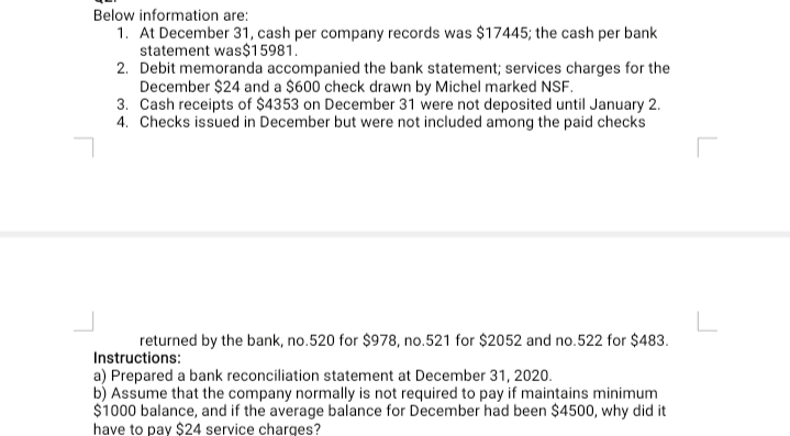 Below information are:
1. At December 31, cash per company records was $17445; the cash per bank
statement was$15981.
2. Debit memoranda accompanied the bank statement; services charges for the
December $24 and a $600 check drawn by Michel marked NSF.
3. Cash receipts of $4353 on December 31 were not deposited until January 2.
4. Checks issued in December but were not included among the paid checks
L
returned by the bank, no.520 for $978, no.521 for $2052 and no.522 for $483.
Instructions:
a) Prepared a bank reconciliation statement at December 31, 2020.
b) Assume that the company normally is not required to pay if maintains minimum
$1000 balance, and if the average balance for December had been $4500, why did it
have to pay $24 service charges?
