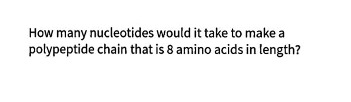 How many nucleotides would it take to make a
polypeptide chain that is 8 amino acids in length?

