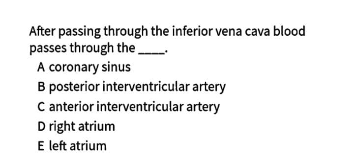 After passing through the inferior vena cava blood
passes through the
A coronary sinus
B posterior interventricular artery
C anterior interventricular artery
D right atrium
E left atrium
